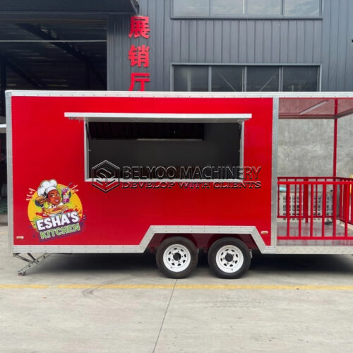 15FT Red Square Food Trailer with Fence for Hamburger, Drinks