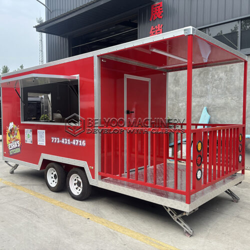 15FT Red Square Food Trailer with Fence for Hamburger, Drinks