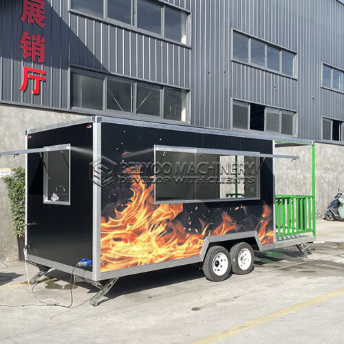 16.5FT Black Square Food Trailer with Fence for BBQ, Grilled Fish