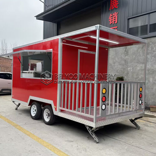 15FT Red Single Window Square Food Trailer with Fence